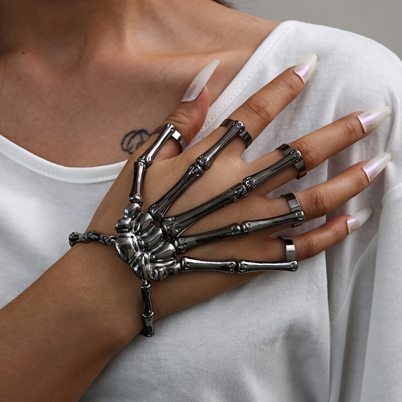 Punk Skull Hand Bone Five Finger Ring Bracelet Chain